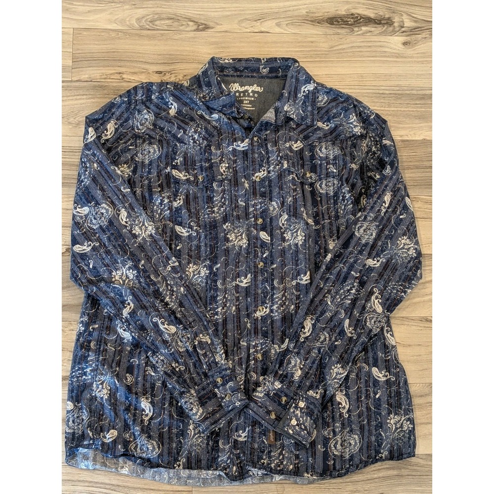 Wrangler Retro Premium Western Shirt Mens 2XLT Indigo Paisley Pearl Snap Cowboy